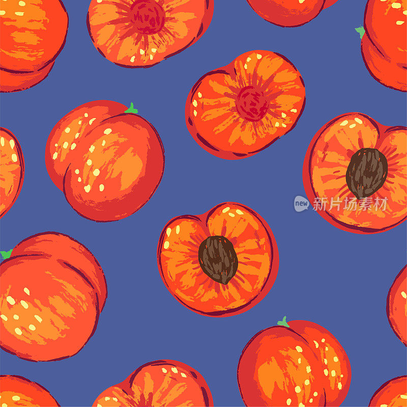 Seamless pattern of peaches in modern style. Vector illustration of fresh tasty fruits. Bright contemporary ornament. Design for decor, wallpaper, background, textile.